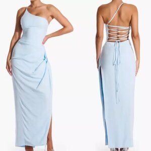 Naked Wardrobe Light Blue One-Shoulder Side Slit Lace Up Dress Size Small NWT